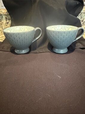 Ceramic Footed Tea Cups - Blue Patterned Set (2)